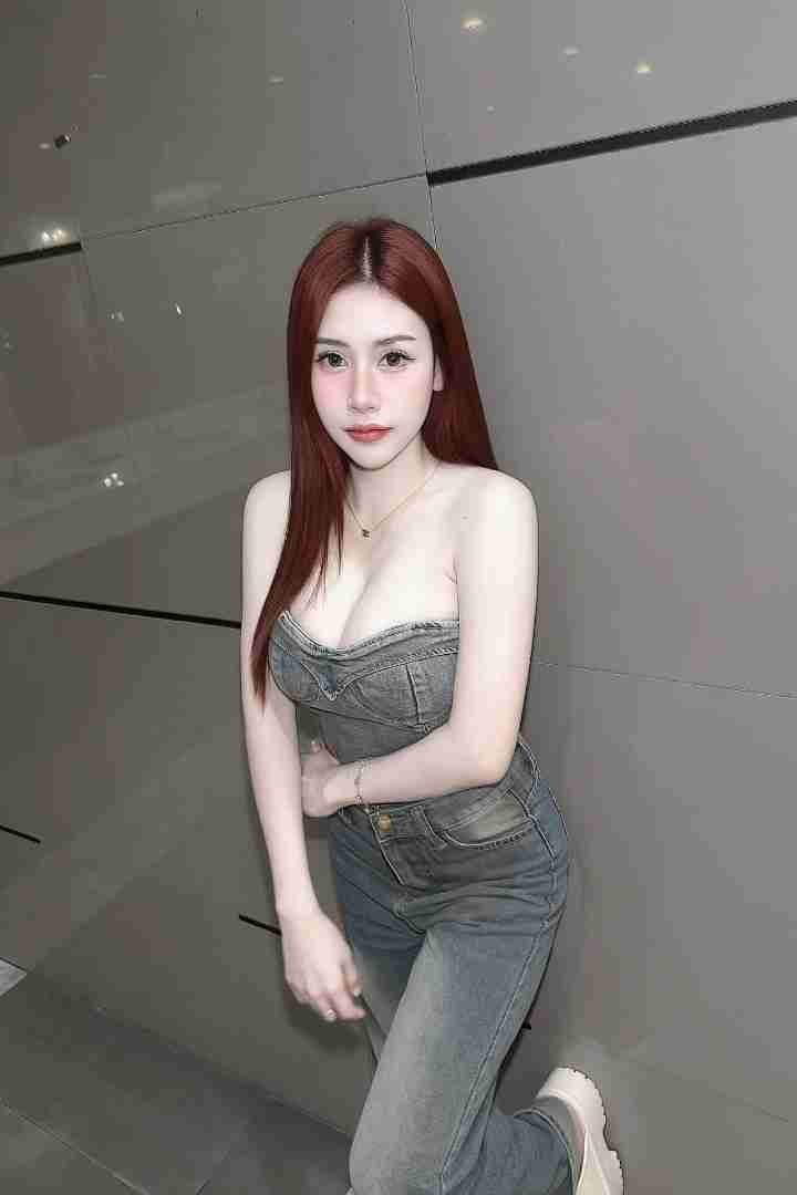 Malay Escort Girl Woman in denim bustier and jeans posing against a wall.