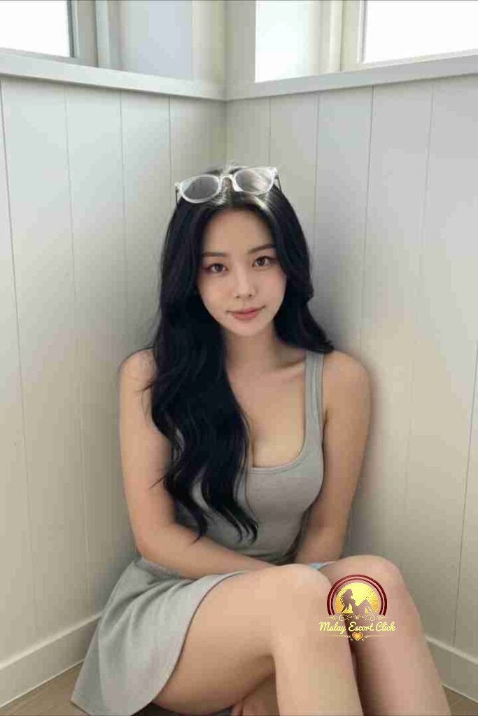 Attractive Asian woman with long black hair wearing a grey dress and glasses on her head.