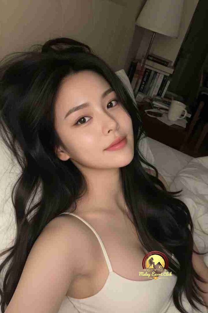 Beautiful Asian woman with long dark hair in white top. Lying down, looking at the camera.