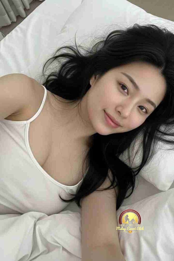 Beautiful woman with dark hair lying on white bedsheets, smiling gently.