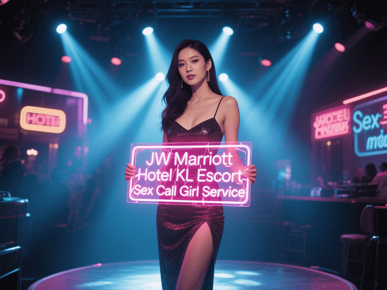 Elegant woman holding JW Marriott KL Escort sign in a nightclub setting.