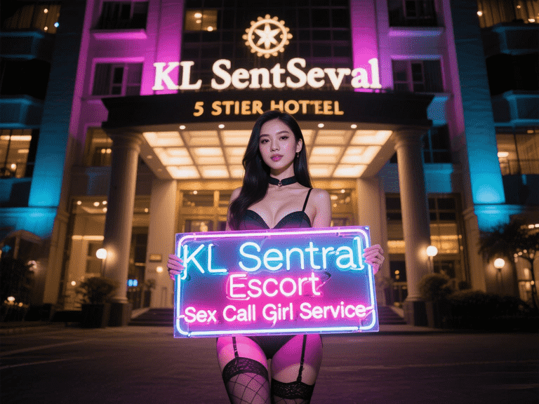 KL Sentral escort girl in lingerie holding neon sign in front of hotel.