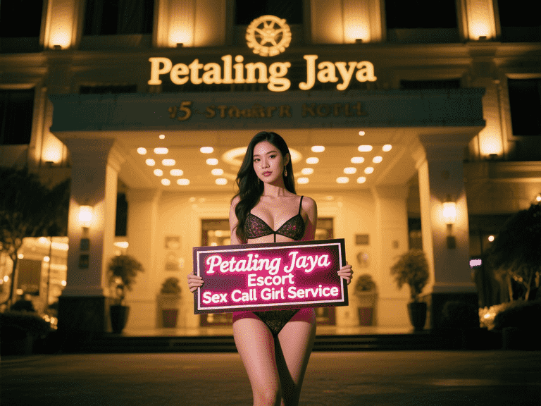 Woman in lingerie holds Petaling Jaya escort service sign at night.