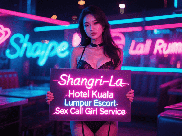 Woman holding Shangri-La Hotel Kuala Lumpur escort service sign in neon light setting.