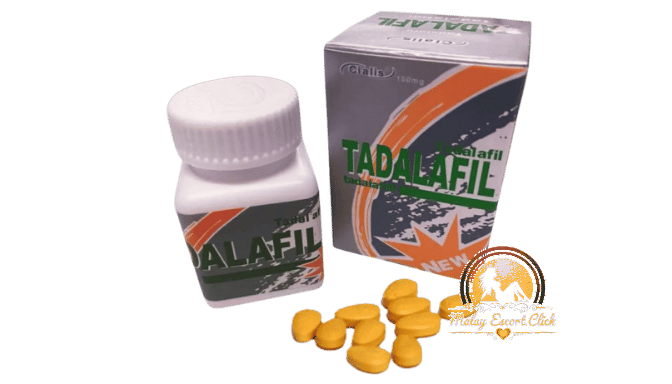 Tadalafil pills, bottle, and box. Erectile dysfunction medication.