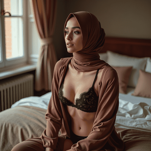Woman in hijab and lingerie sits on bed. Elegant, modest, and sensual fashion portrait. Bedroom setting.