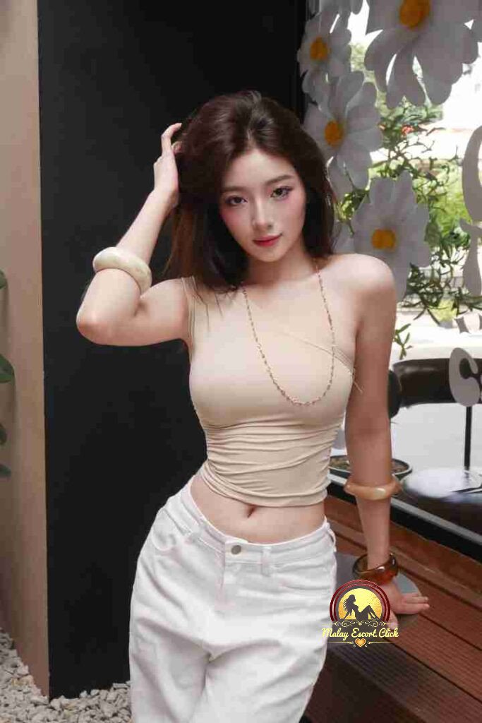 Attractive woman in white jeans and crop top posing indoors.