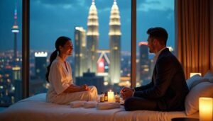 Malay Escort Girl Couple enjoying a romantic evening with city skyline view
