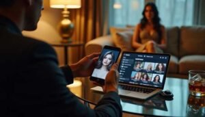 Malay Escort Girl Man uses smartphone and laptop to browse dating profiles in a dimly lit room.