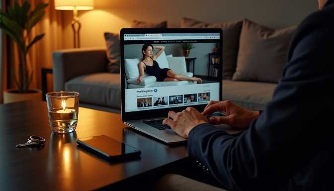 Malay Escort Girl Man typing on laptop displaying a woman on a couch