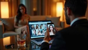 Malay Escort Girl Man on video call with woman on phone and laptop