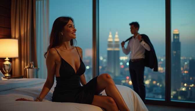 Malay Escort Girl Elegant woman in black dress on bed with city view at night
