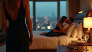Malay Escort Girl Woman in black dress watches couple in bed in dimly lit hotel room.
